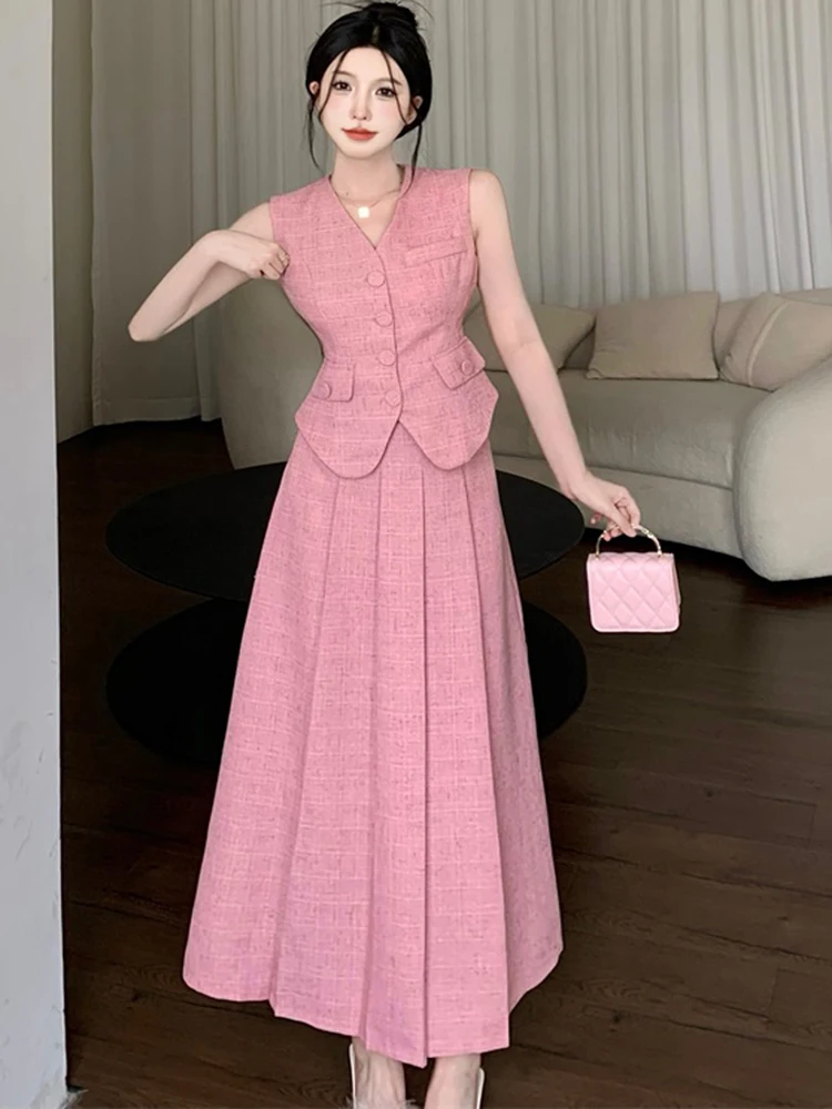 

Pink Tweed Office OL Lady Outfits For Women 2023 French Temperament Slim Vest Tops + High Waist Pleated Midi Skirts 2 Piece Sets