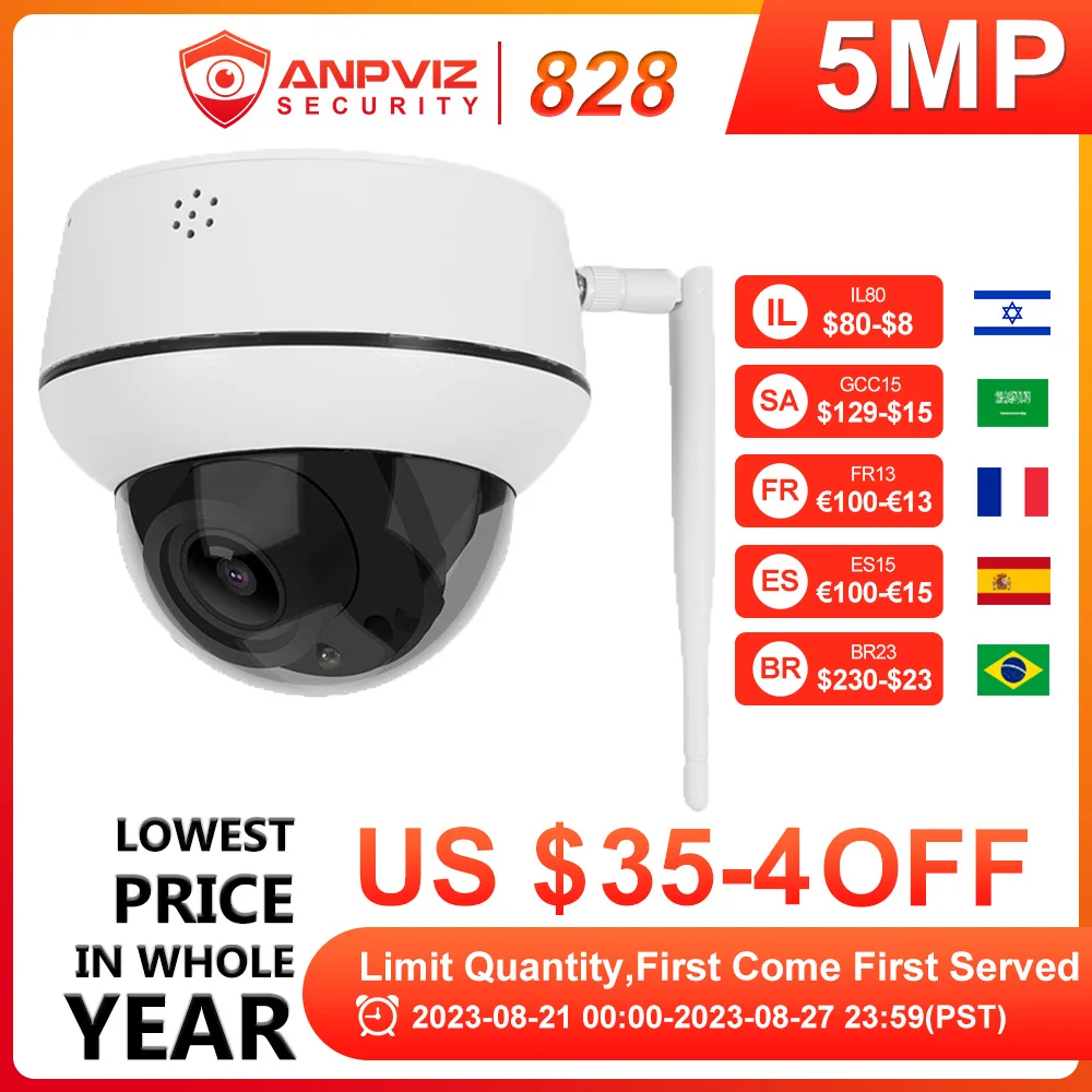Anpviz 5MP PTZ Wifi IP Camera Outdoor 5X Zoom Wireless Security CCTV Camera Two-Way Audio Mic-Speaker IR 30m IP66 CamHi H.265