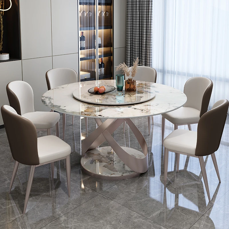 

Rock Plate Household Dining Table With Turntable Modern Light Luxury High-end Villa Rotating Large Round Dining Table And Chairs