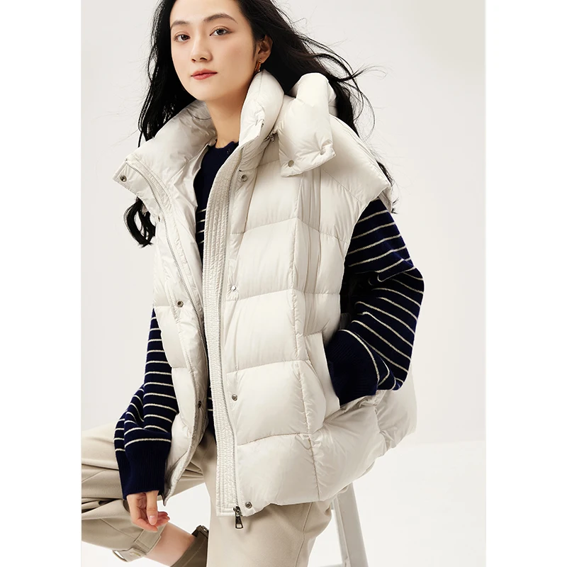 Winter Light 90%  White Goose Down  Sleeveless Vest  Zipper  Hat Detachable  Pockets  Winter Jacket Women Coat  Casual