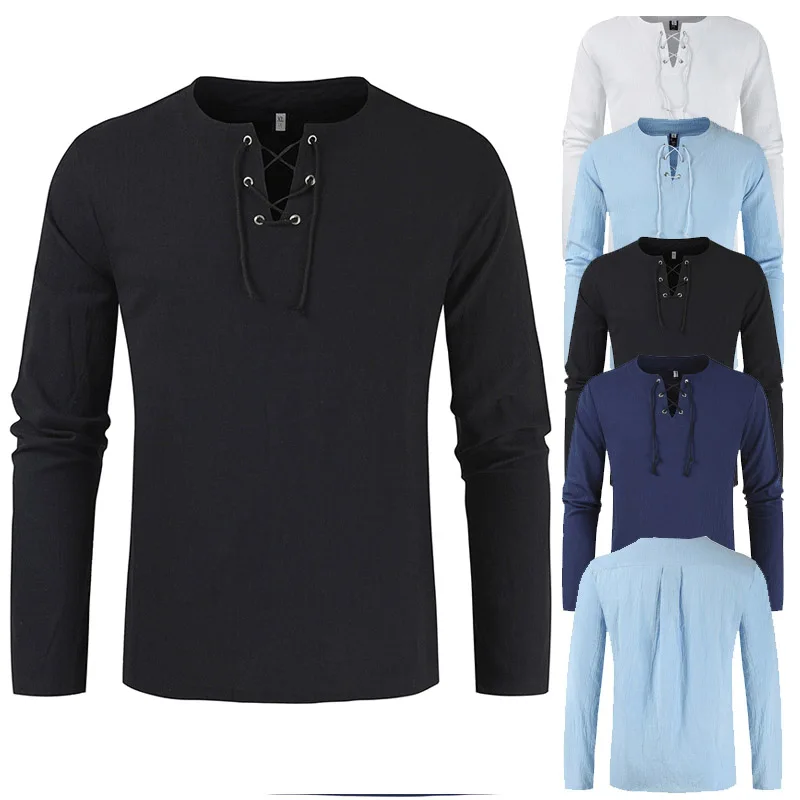 Fashion New Men Shirts Cotton Linen Solid Lace-up Pullover Tshirt Man Casual Long Sleeve Loose Tee Spring Autumn Men's Clothing