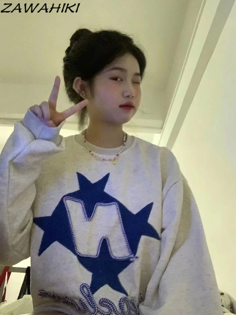 

Толстовка женская оверсайз в стиле хип-хоп, пуловер в стиле ретро со Звездной графикой и вышивкой, свитшот, уличная одежда в стиле Харадзюку, свободные худи, Осенние Топы