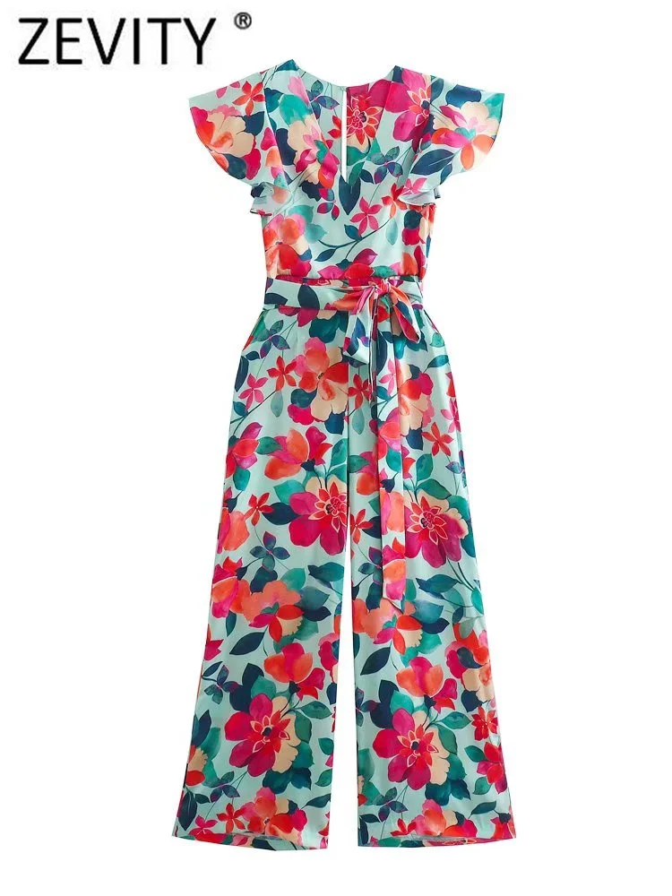 

Женский винтажный комбинезон Zevity с V-образным вырезом и цветочным принтом, комбинезоны с широкими штанинами, шикарные женские комбинезоны с...