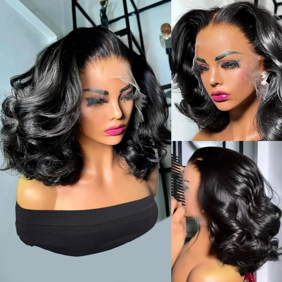 200 Density Short Bob Body Wave 12 14 16 Inch 13x4 Lace Front Wig Transparent Human Hair 4x4 Closure Remy Brazilian