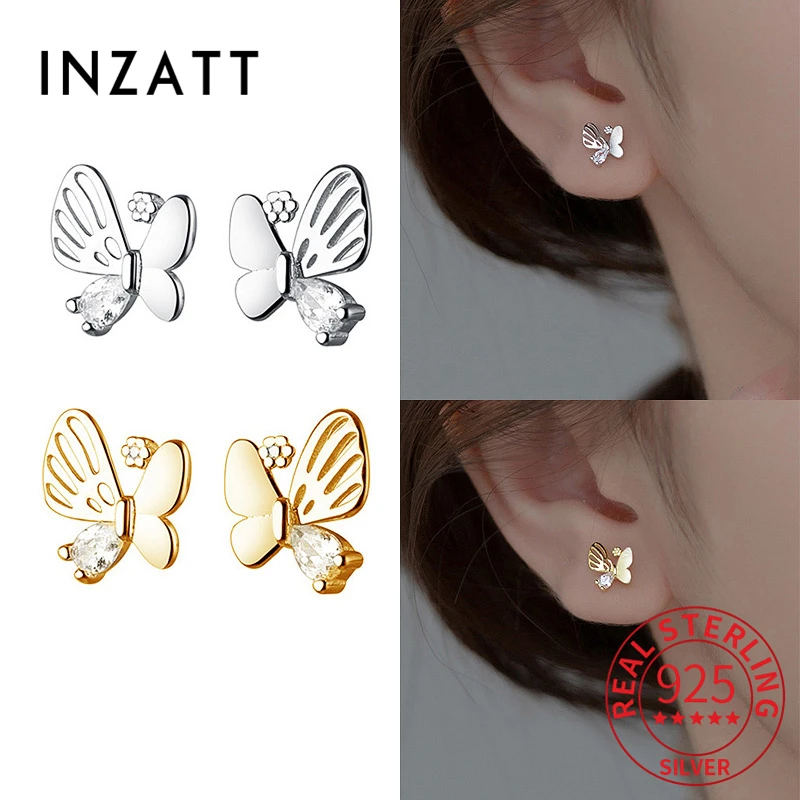 

INZATT Real 925 Sterling Silver Zircon Butterfly Stud 18K Gold Earrings For Women Cute Fine Jewelry Minimalist Accessories