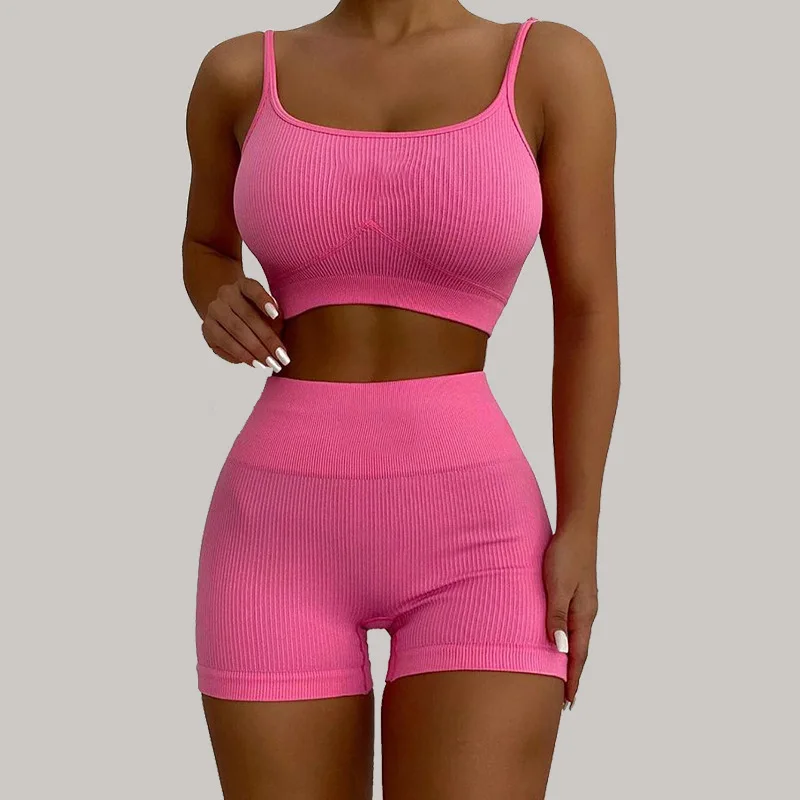 

WUHE Casual Sports Soild Two Piece Set Women Sexy Camisole Crop Top Bikers Shorts Pants Suit Elastic Summer Outfit Tracksuit