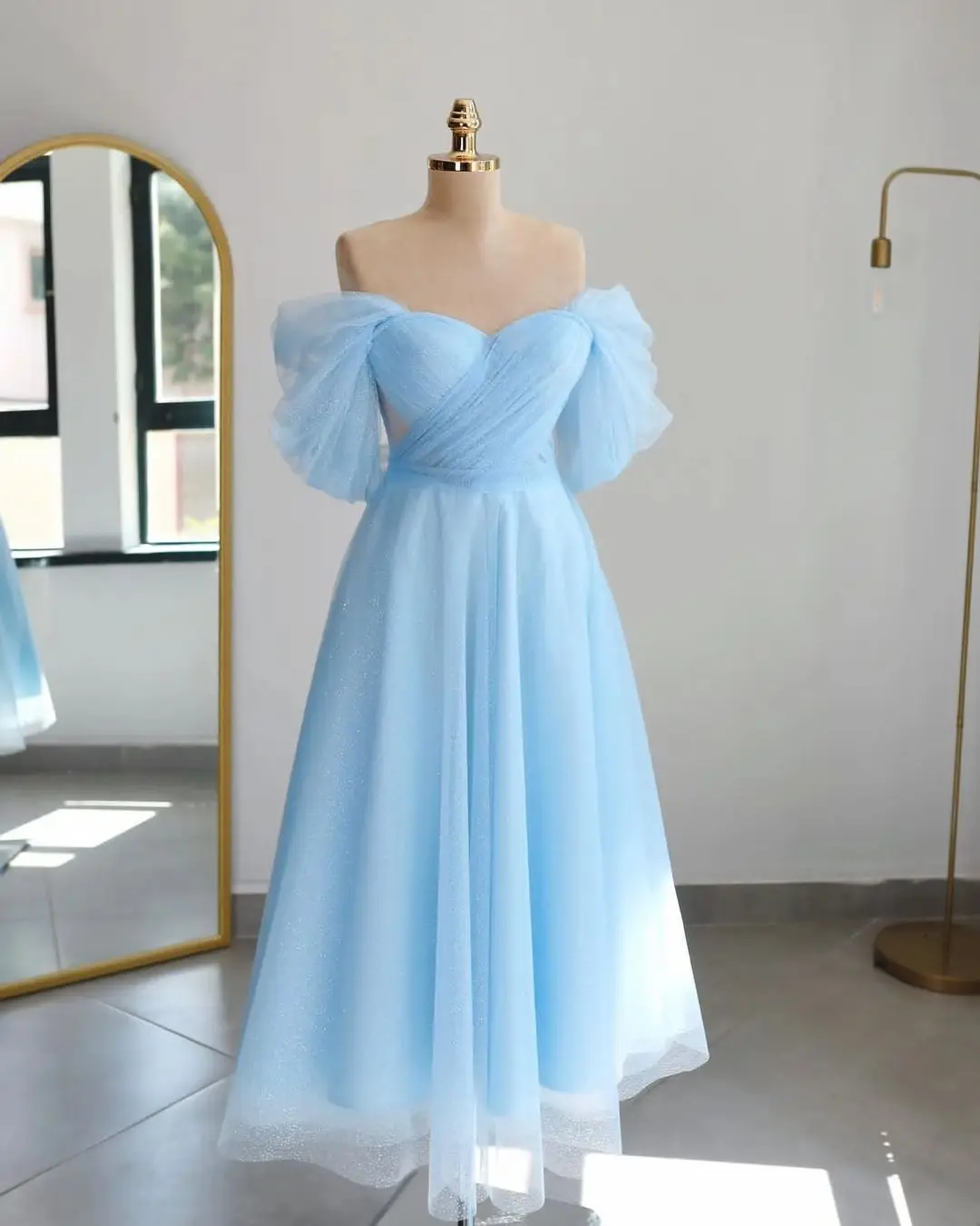 

Sapmae Off-the-shoulder Tulle Short Sleeve A-line Zipper Up Bule Elegant Prom Formal Evenning Party Dress For Women