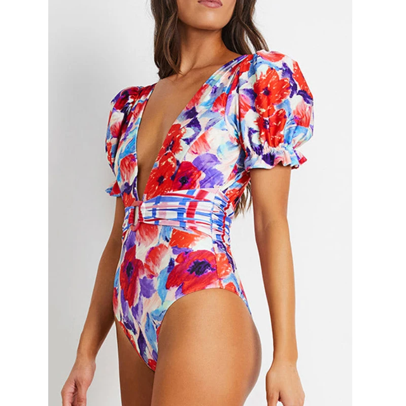 2023 Flower Print Women One-piece Swimsuit Retro Deep-V Gorgeous Red And Swimwear Summer Beach Wear Strappy Swimming Bath Suit