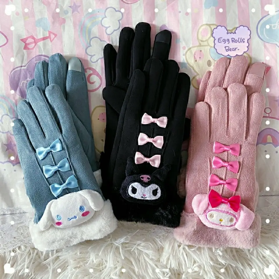 

Милые замшевые перчатки Sanrio My Melody Kuromi Cinnamoroll, милые плюшевые перчатки с пятью пальцами для сенсорного экрана, подарок для девочек