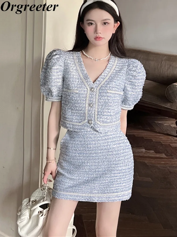 

Женский твидовый комплект из двух предметов, пиджак с пышными рукавами и укороченный топ и мини-юбка, винтажный летний комплект из двух пред...