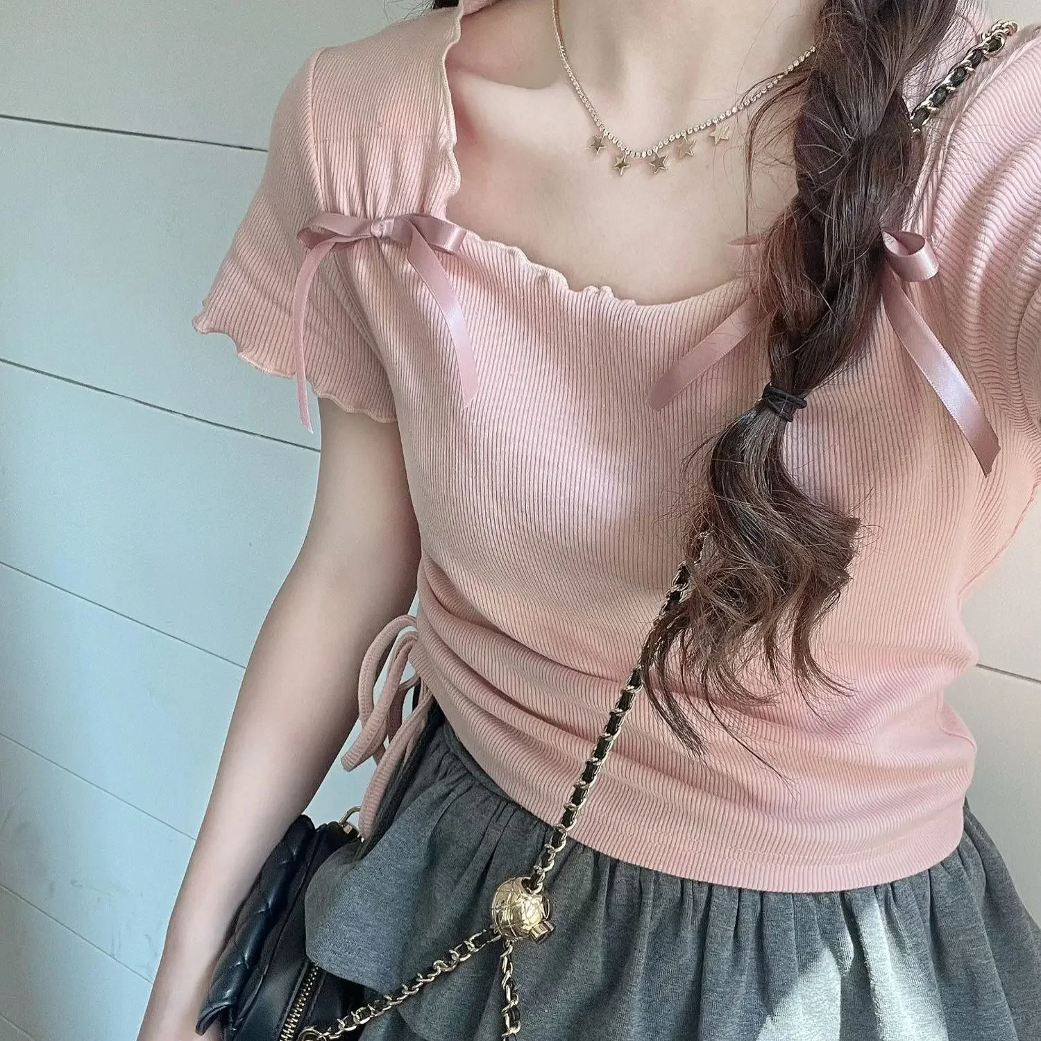 Женские футболки Y2k милые летние уютные тонкие гофрированные дизайнерские