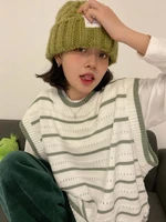 qweek green striped sweater vest women korean fashion spring hollow out jumper female oversized harajuku casual top preppy style