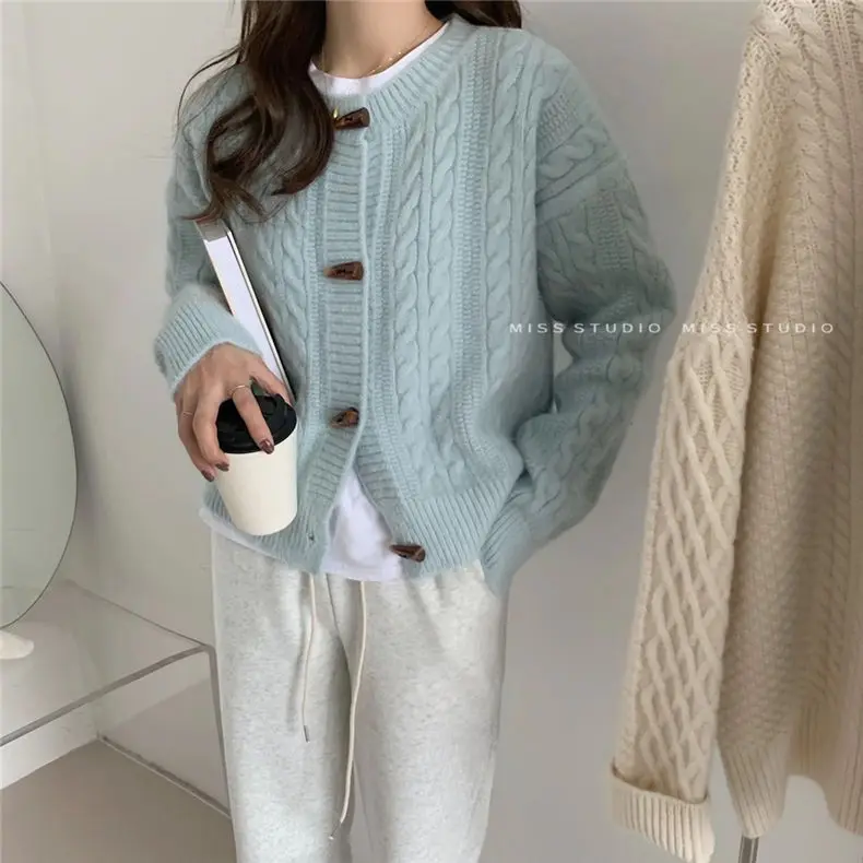 2022 Cotton Knitted Cardigan Women's O-Neck Loose Short Jacket Spring Autumn New Long-Sleeved Solid Sweater Fashion Tops D45