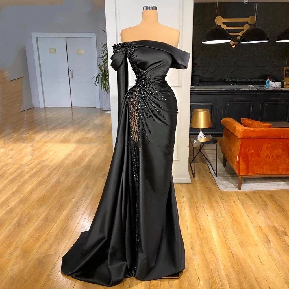 

Off-Shoulder Black Mermaid Evening Party Gowns Fashion Sexy Robe De Soiree Beading Abendkleider Formal Prom Dress