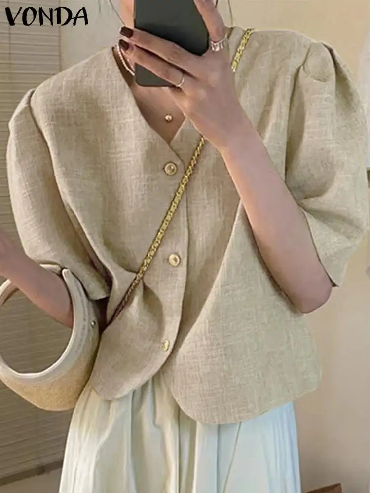 

Модная блузка VONDA, элегантные рубашки в офисном стиле, женские летние топы с коротким рукавом 2023, повседневные Однотонные блузки на пуговицах с V-образным вырезом, уличная одежда
