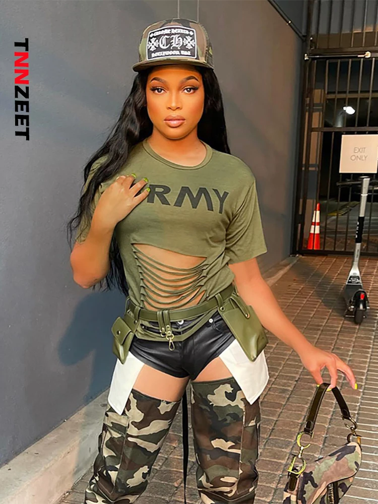 

TNNZEET Green Sexy T Shirts Women Hollow Out Short Sleeve Top Tees Fashion Streetwear 2022 One Neck Summer Casual Y2K Clothing