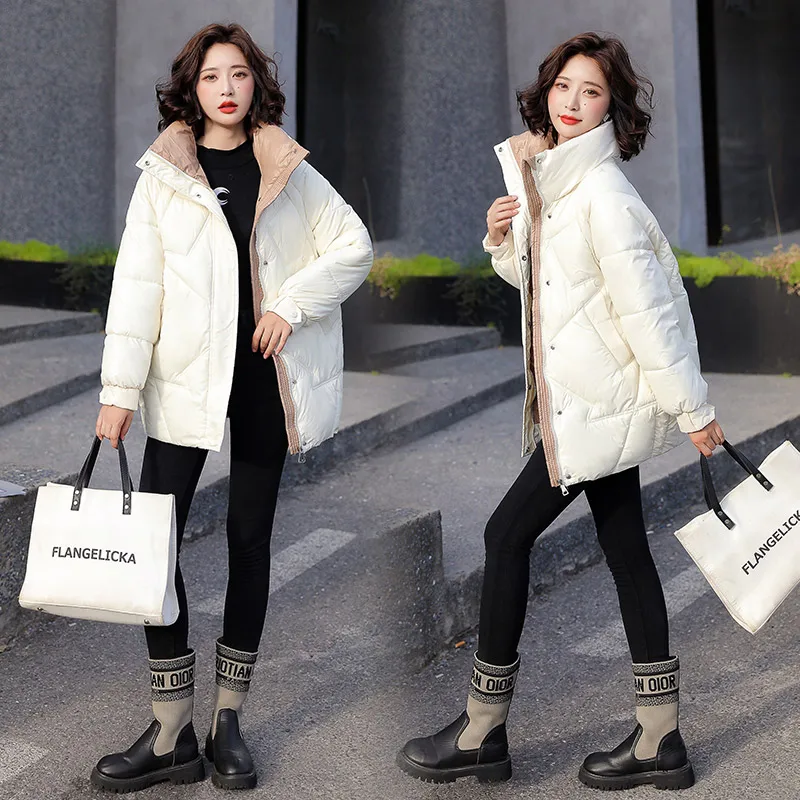 Cotton Jackets for Fashion Ladies Autumn Winter Stand Collar Loose Chic Coat Solid Color Patchwork Button Parka Zipper Parka