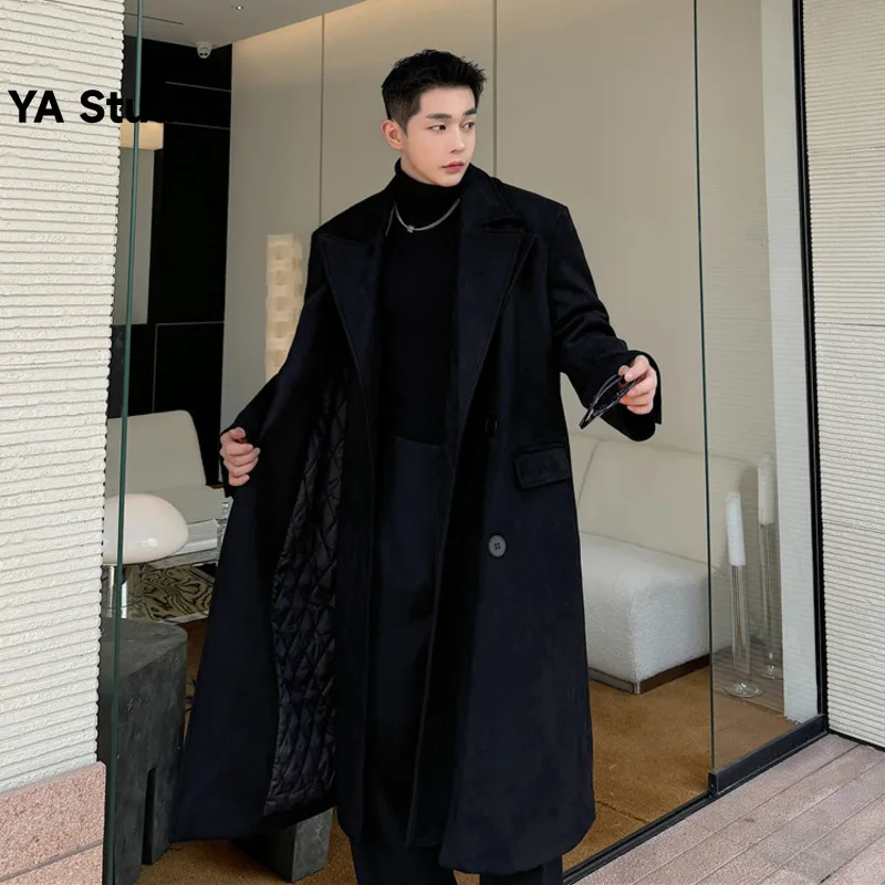 

[YA Studio] 2023 Winter New Double Collar Niche Design Temperament Korean Version Quilted Wool Coat Men's Medium Long Coat