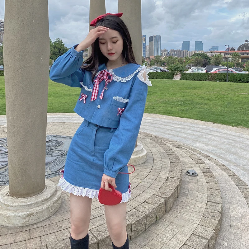 

Women Suit Girl 2 Piece Set Two Piece Set Harajuku Sweet Lolita Japanese Lace Long Sleeve Denim Blouse Shirt + High Waist Skirt