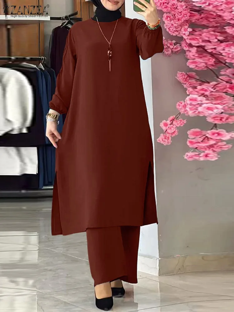

Muslim Sets Dubai Turkey Abaya Turkish Blouse Suit Islamic Clothing ZANZEA Fashion Long Sleeve Shirt Causal Pant Set Eid Kaftan