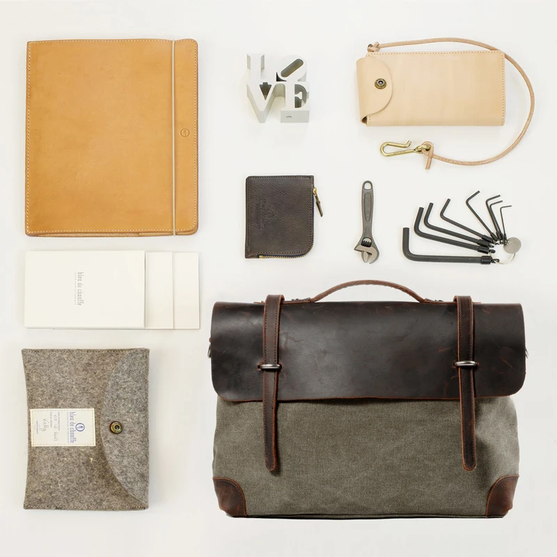 Vintage crazy horse cowhide canvas men's briefcase simple designer business handbag office lawyer work laptop messenger bag