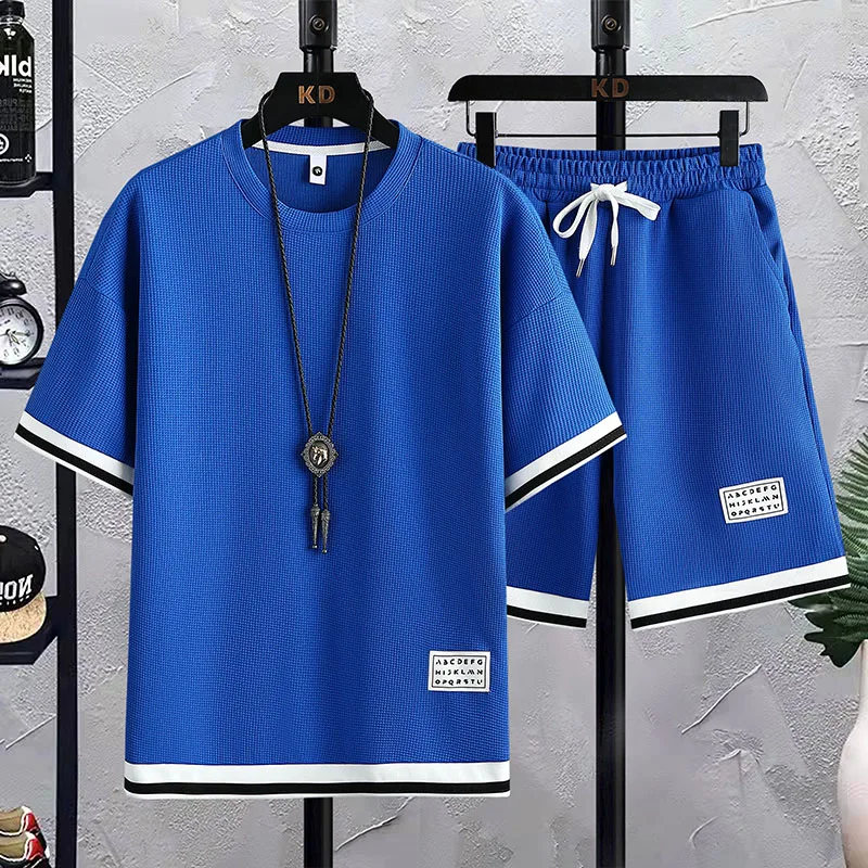 Waffle Casual Suit Men's Summer Ice Silk Short Sleeve T-shirt Men's Suit with Handsome Large Size Sports Suit
