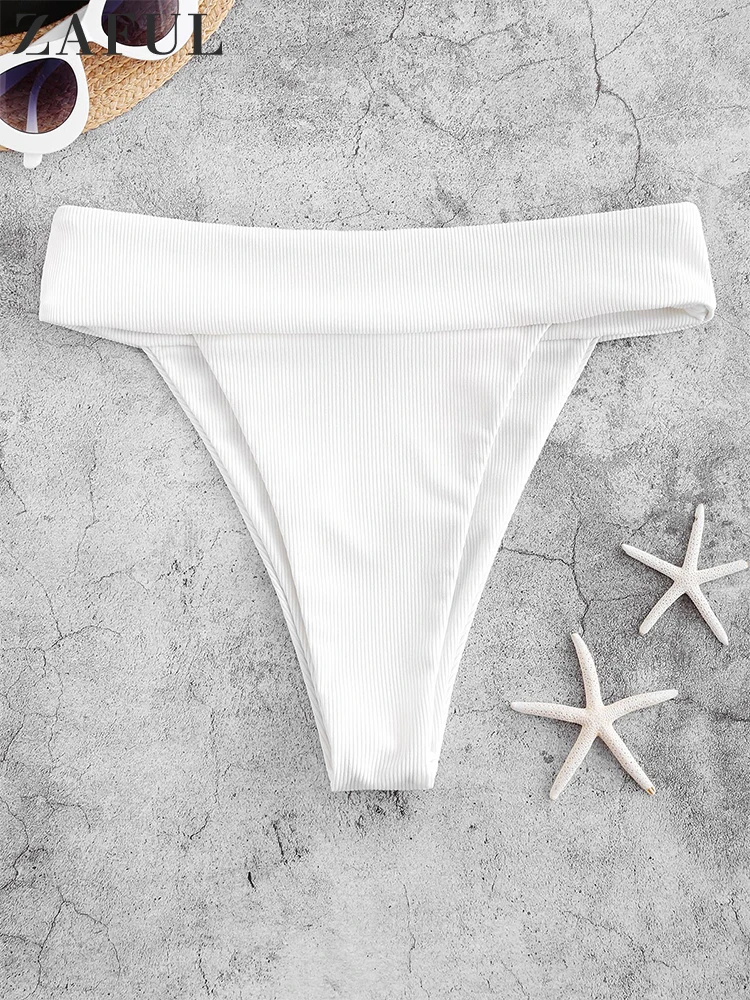 

ZAFUL High Cut Wide Waistband Ribbed Bikini Bottom Women Sexy Biquini Swimming Shorts Briefs Summer Beach Solid Ladies Swimsuit