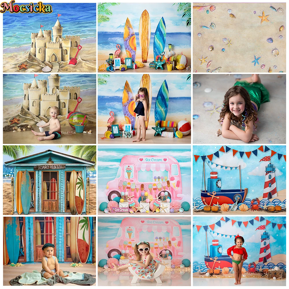 

Summer Beach Backdrops For Photography Sunset Sandcastle Surfboard Decor Prop Kids Birthday Cake Smash Photography Background