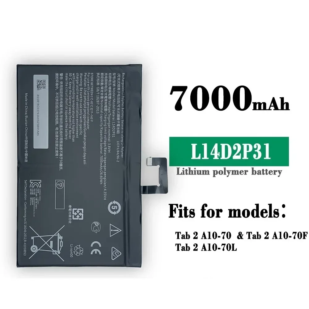 7000mAh L14D2P31 Replacement battery For Lenovo Tab 2 A7600-F A10-70F Tab2 A10-70 A10-70L Battery + Free Tools
