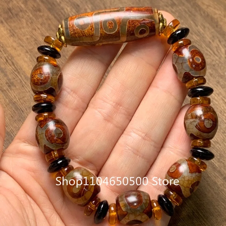 Тибетские старые бусины Дзи девять глаз три глаза состаренная целлюлоза браслет