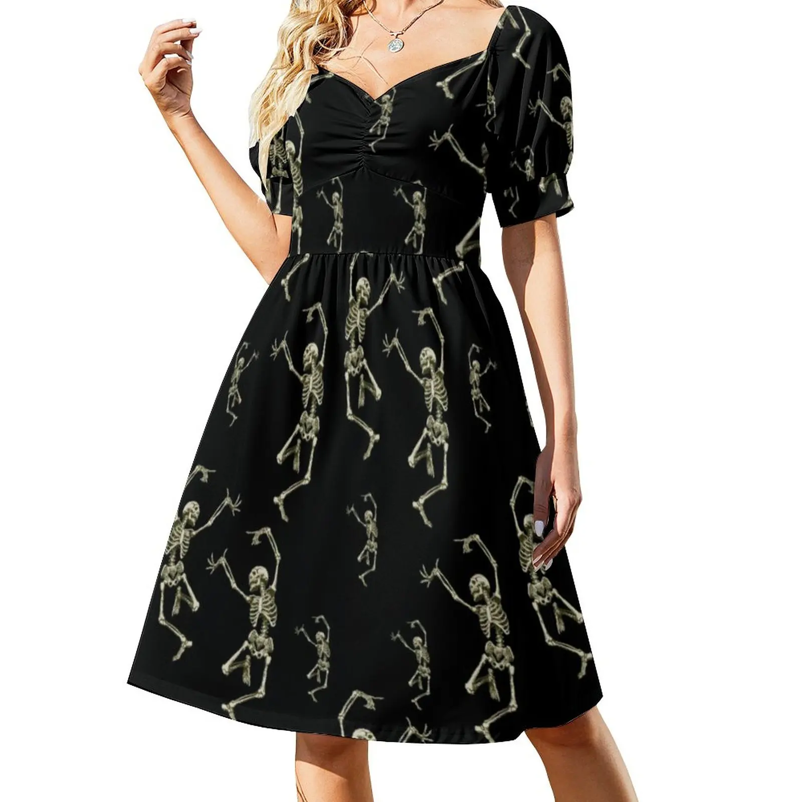 

Dancing Skeleton Dress Sexy V Neck Halloween Art Print Pretty Dresses Female Aesthetic Print Big Size Casual Dress Gift
