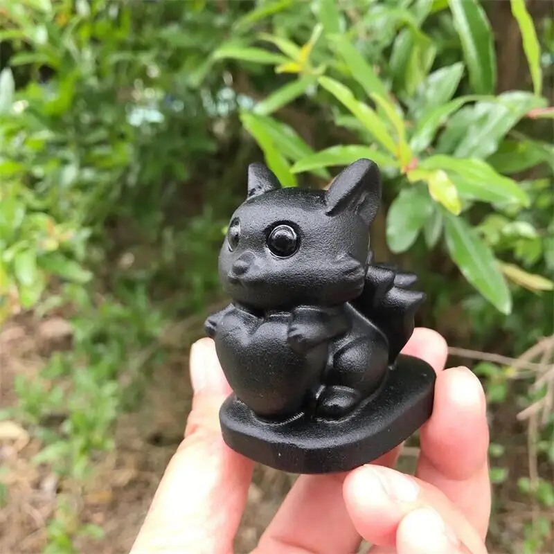

Natural Black Obsidian Carved Fox Figurine Crystal Stone Cartoon Characters For Kids Gift Or Used For Home Decoration