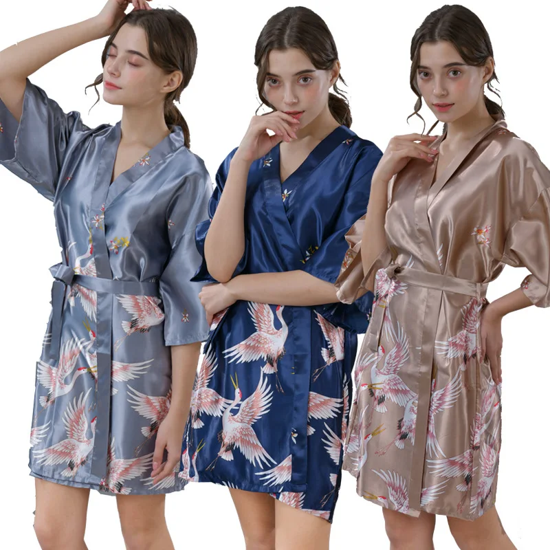 Women Crane Nightgown Female Robe Summer New Style Ice Silk Mid-sleeve Printed Dressing Gown Sexy Plus Size Home Service Pijamas