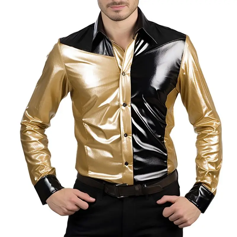 

Mens Shiny Metallic Long Sleeve Shirt Fashion Dance Nightclub Stage Prom Dress Shirt 2023 New Black Gold Patchwork Shirt for Men