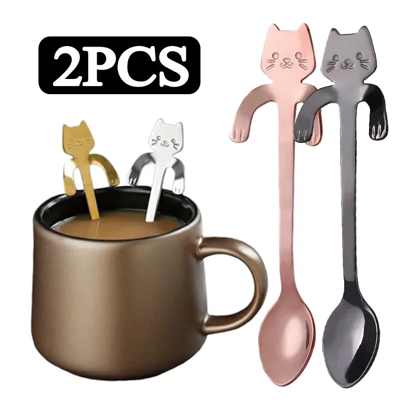 

Cute Cream Kitchen Teaspoons 2pcs Dessert Tableware Ice Steel Stainless Lovely Spoons Mini Spoons Cat Shape Coffee Snack Tools