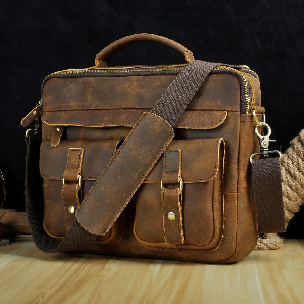 

Portfolio Real Briefcase Business Leather Laptop Bags 13" Antique B207-d Men Style Le'aokuu Cases Attache Messenger Coffee