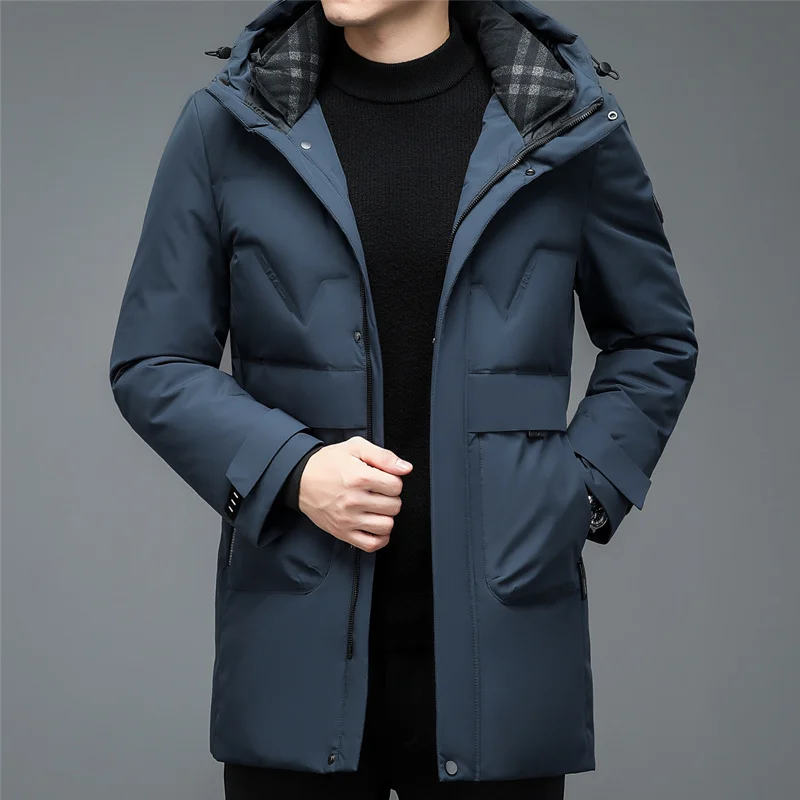 

Зимняя Новая Стильная мужская куртка-пуховик с капюшоном средней длины, модное повседневное деловое пальто