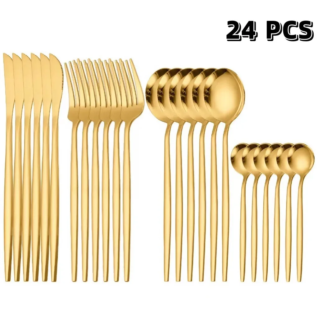 

24pcs Portable Stainless Steel Cutlery Set Golden Covered Color Spoon Fork Knife Tableware Set Christmas Decoration for Kitchen