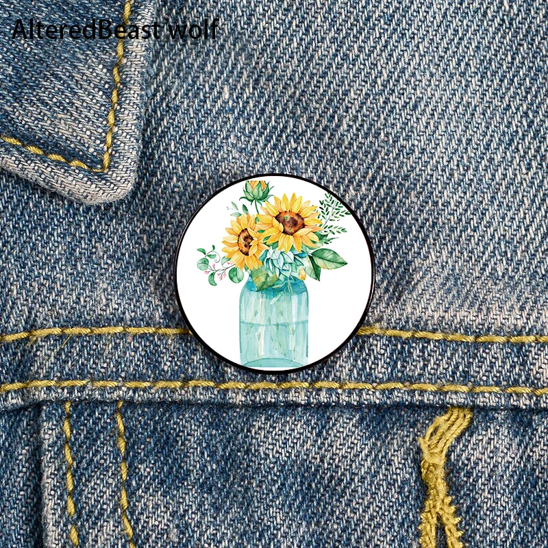 

Sunflowers Mason jar Pin Custom Funny Brooches Shirt Lapel Bag Cute Badge Cartoon Cute Jewelry Gift for Lover Girl Friends