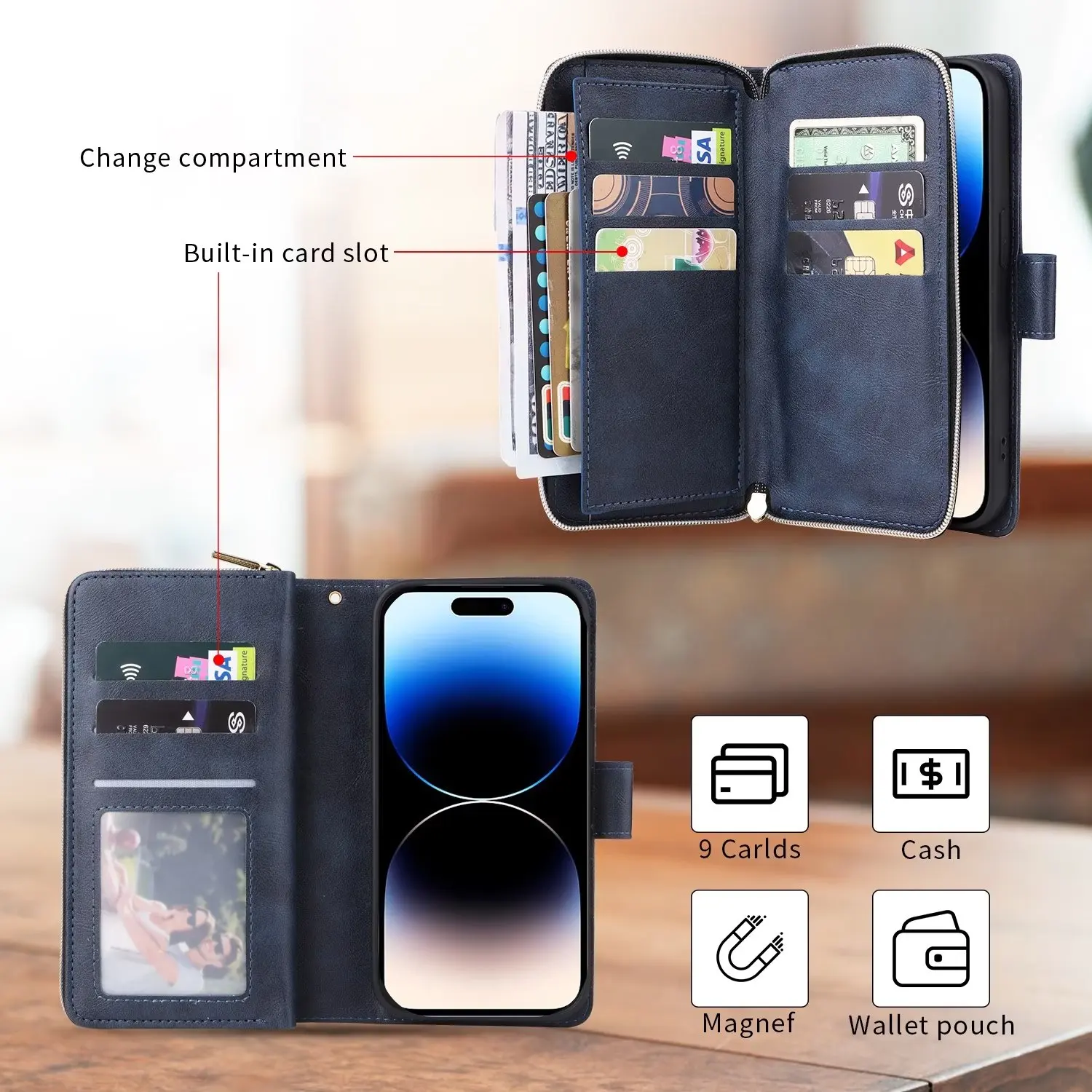 Противоударный чехол-бумажник с 9 отделениями для карт и молнией Iphone 14 plus 13 12 mini 11