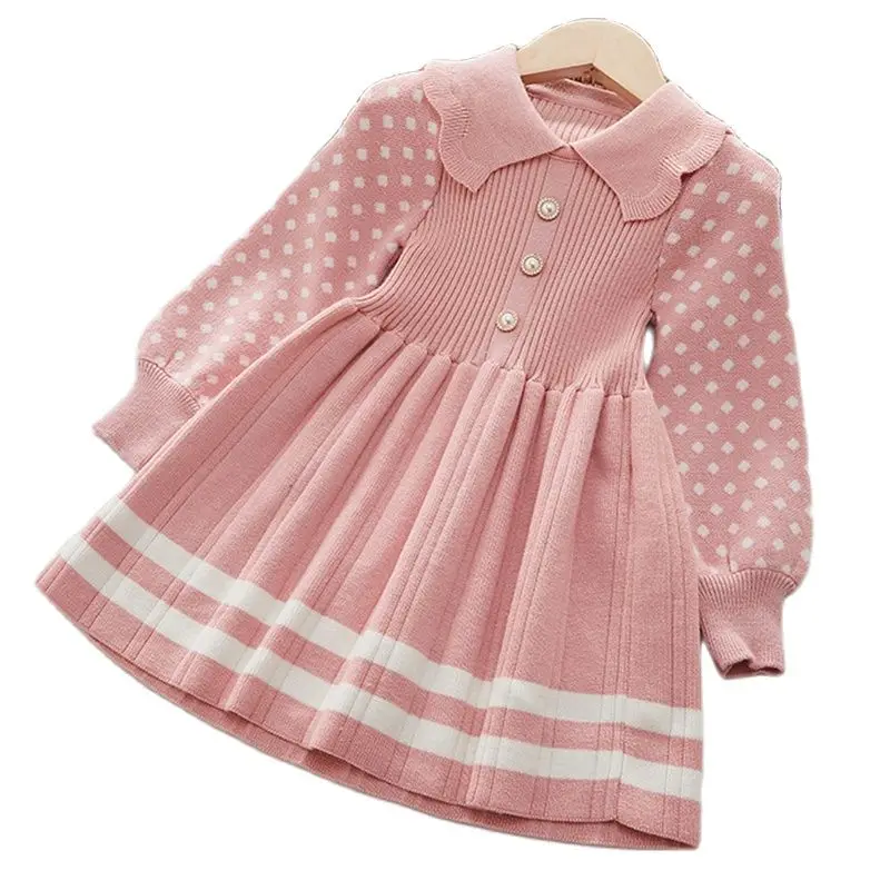 

2022 Autumn Winter Dress For Girl Children Clothing Puff Sleeve Knit Sweater Princess Dress Kid Clothes