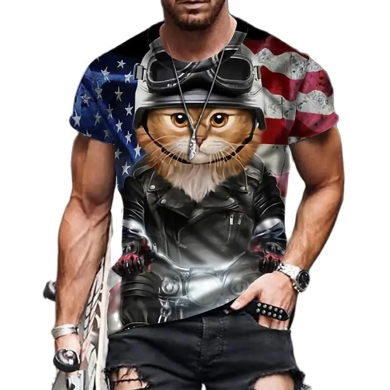 

Retro Black Cat Print Men's T-shirt Summer Street Fashion Cool Oversized Short-sleeved Tops Outdoor Casual Animal O Collar Tees