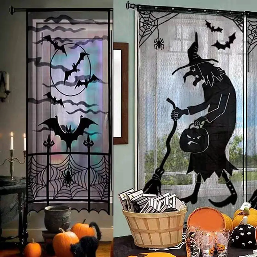 

Scary Black Lace Bat Witch Pumpkin Skull Curtain Happy Halloween Party Decoration for Home Supplies Horror Ghost Festival Props