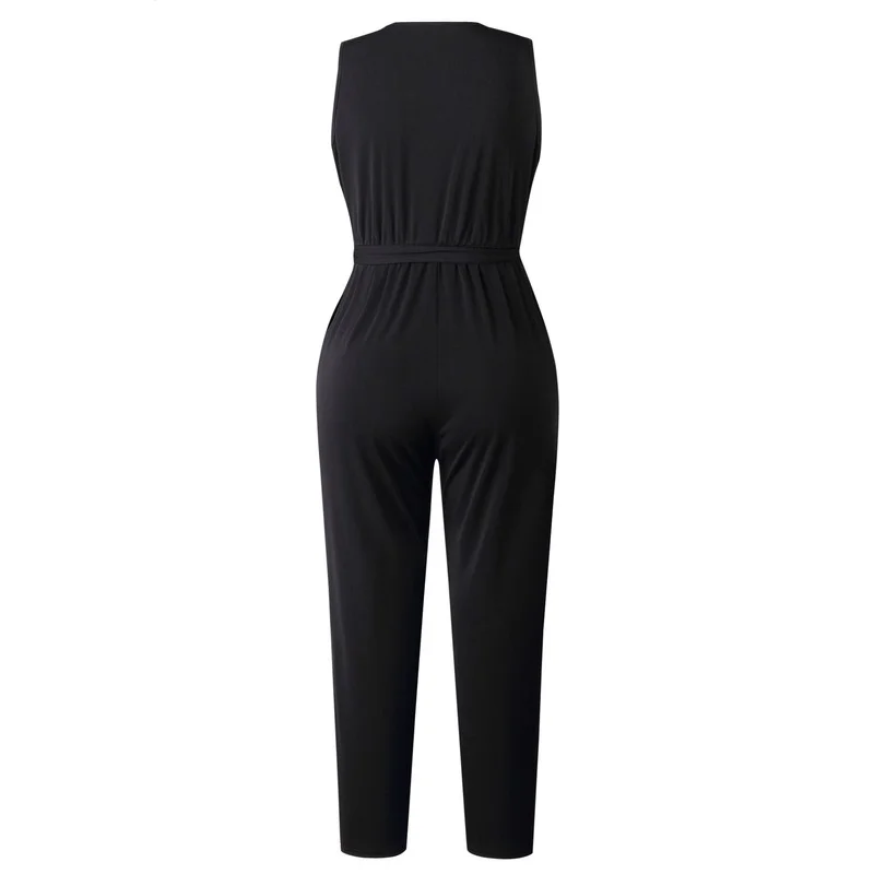 Summer Fashion Lace Sleeveless V-neck Pocket Long Pants Rompers Women Solid Bandage Casual Jumpsuits 2022 Black Jumpsuit Female