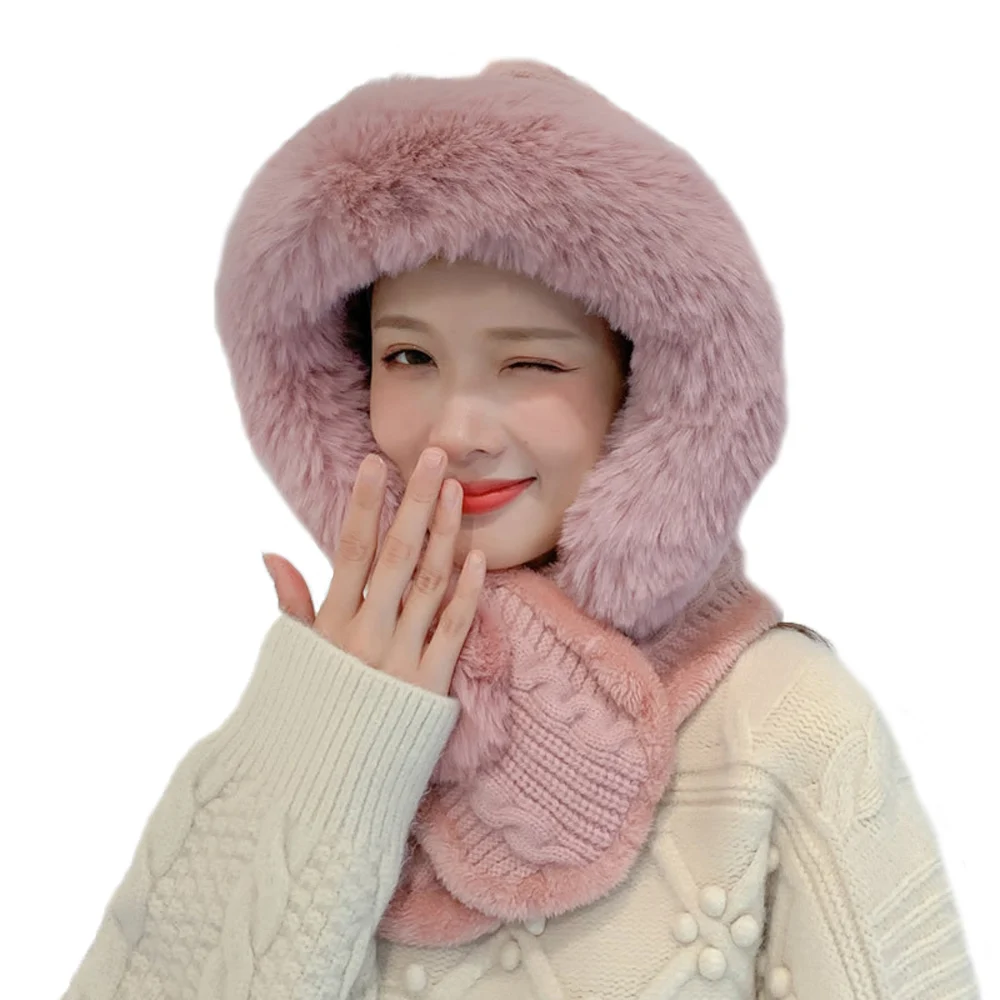 

Women Girl Autumn Winter Hats Ear Neck Protector Warm Knitted Beanies Plush Velvet Scarf Hat One Piece 3+M6029#