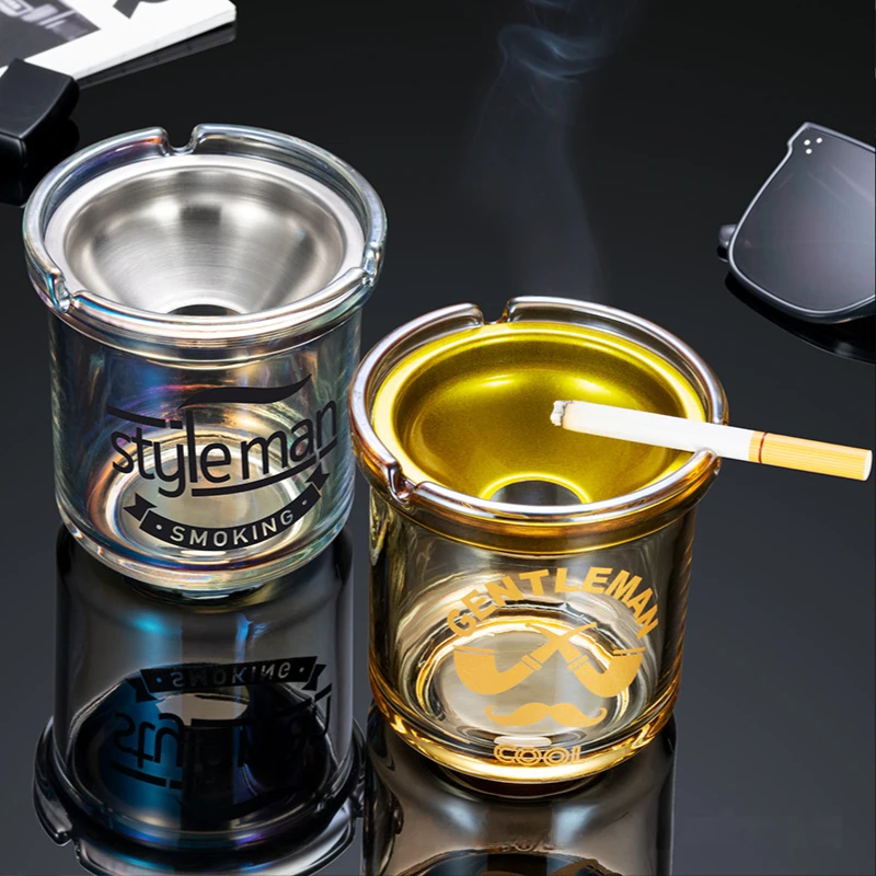 

Stainless steel ashtray with cover home living room creative personality trend simple glass ashtray anti-flying ash