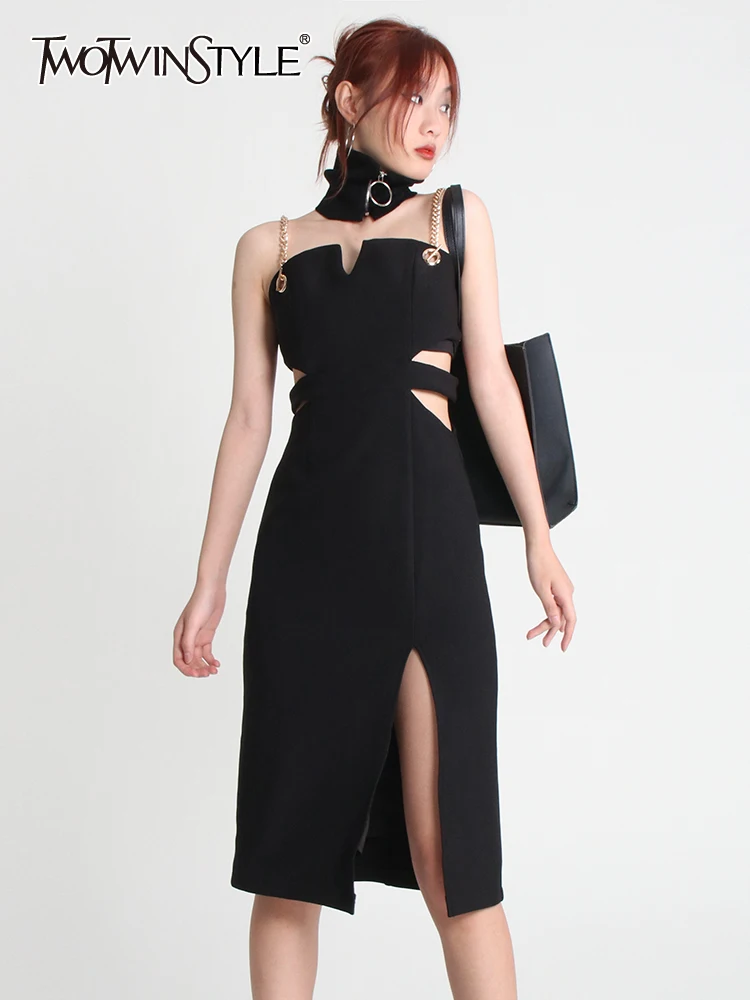 

TWOTWINSTYLE Cut Out Sexy Dress For Women Square Collar Sleeveless High Waist Solid Minimalist Midi Dresses Female Summer 2022