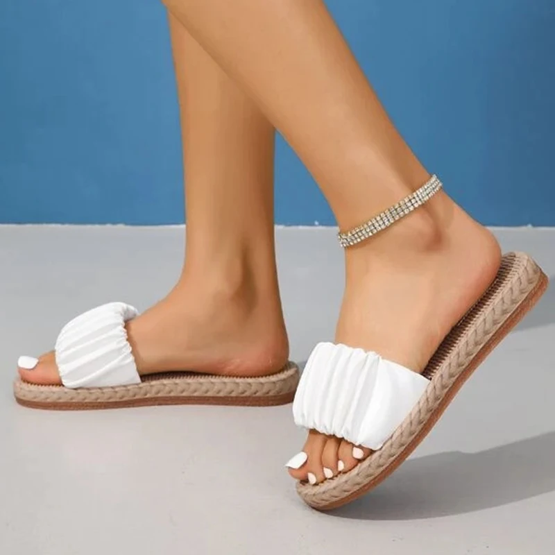 Women Ruched Design Single Band Slides Vacation White Slides 2023 New Sexy Mature Shoes Ladies Open Toe Female Slippers
