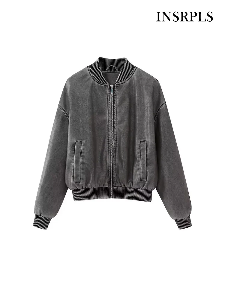 

INSRPLS Women Fashion With Pockets Faded-Effect Bomber Jacket Coat Vintage Long Sleeve Front Zipper Female Outerwear Chic Tops
