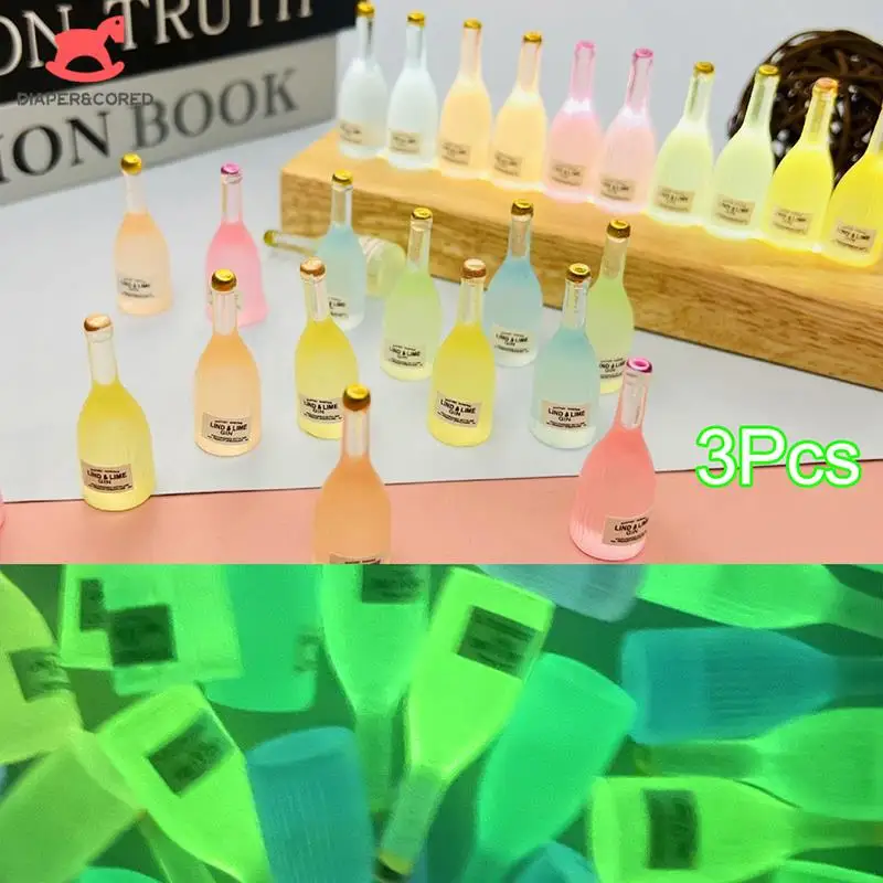 3Pcs/set Dollhouse Miniature Luminous Wine Bottle Beer Bottle Ornament Micro Landscape Decoration Accessories Toy Random